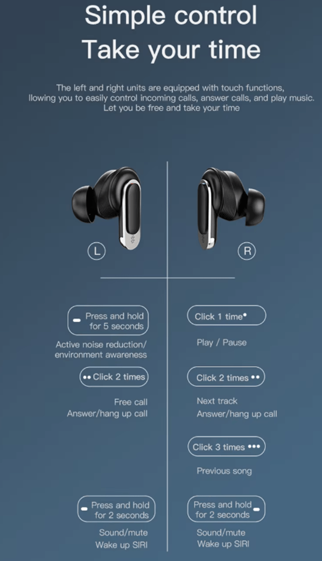 Écouteurs Pro sans fil Bluetooth 5.3 couleur écran LED commandes tactiles contrôle du Volume ANC casque antibruit