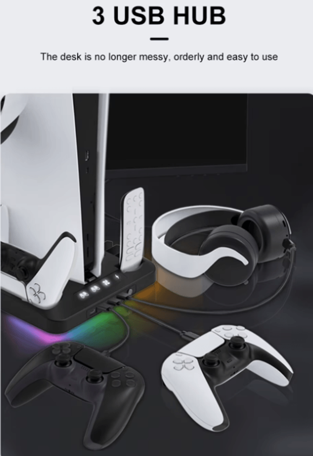Station de Charge de Refroidissement PS5 avec lumières LED et Ventilateurs, Support de Charge Rapide avec Double contrôleur de Charge pour PS5 UHD