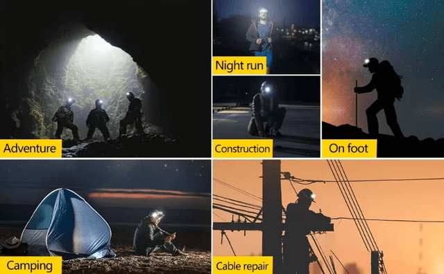 Lampe frontale à induction 5 MODES LED avec batterie intégrée, lampe de poche USB Ultra puissant, multi-usage camping en plein air