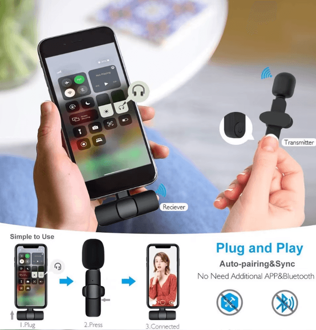 Microphones  Micro-cravate sans fil, 2 in 1 pour type C pour iOS , Portée audio de 20 mètres , avec Réduction du Bruit