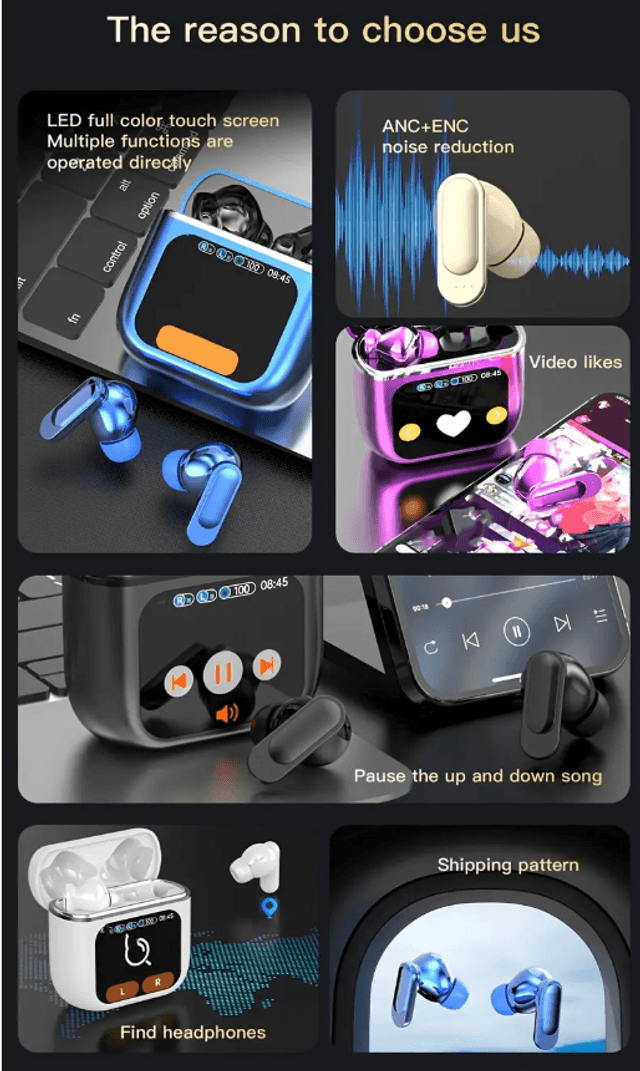 Écouteurs TWS à écran LED intelligent Écouteurs sans fil Bluetooth 5.4 avec affichage LED, casque de jeu, casque de sport, son HIFI