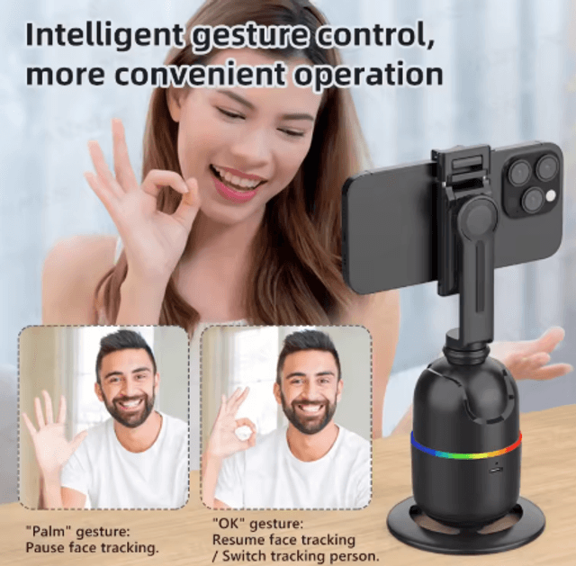Trépied de suivi automatique du visage/du corps, aucune application nécessaire, support de téléphone rotatif à 360 °