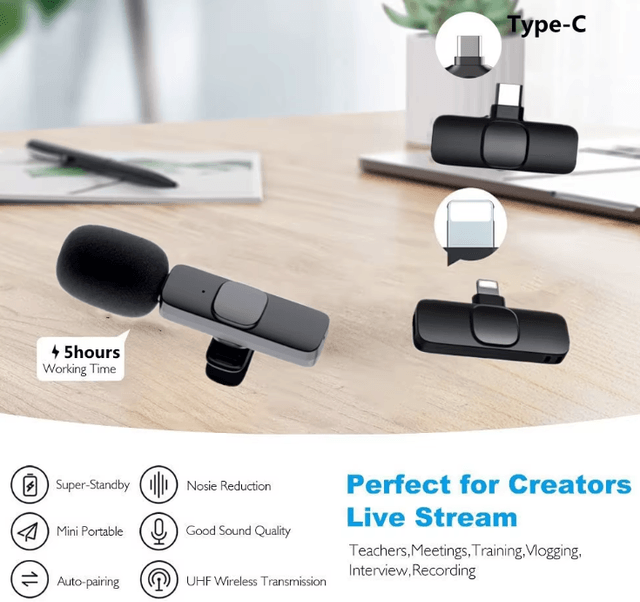 Microphones  Micro-cravate sans fil, 2 in 1 pour type C pour iOS , Portée audio de 20 mètres , avec Réduction du Bruit