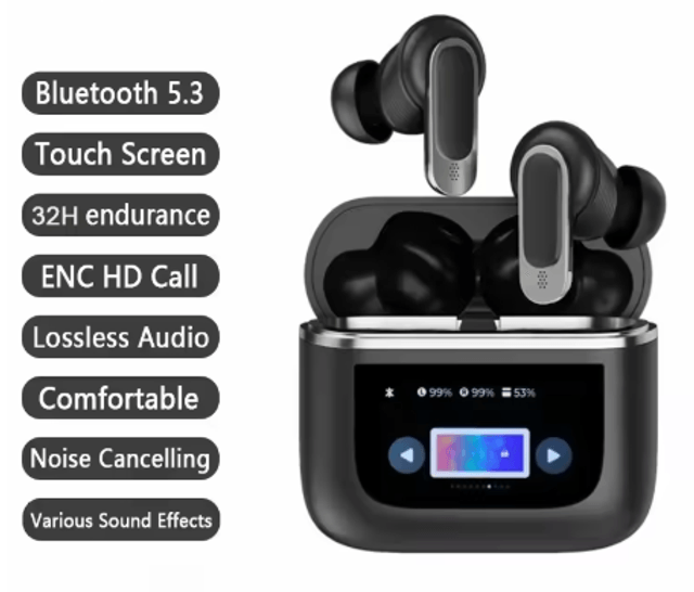 Écouteurs Pro sans fil Bluetooth 5.3 couleur écran LED commandes tactiles contrôle du Volume ANC casque antibruit