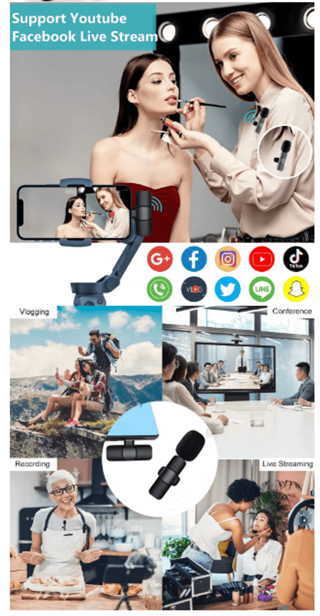 Microphones  Micro-cravate sans fil, 2 in 1 pour type C pour iOS , Portée audio de 20 mètres , avec Réduction du Bruit
