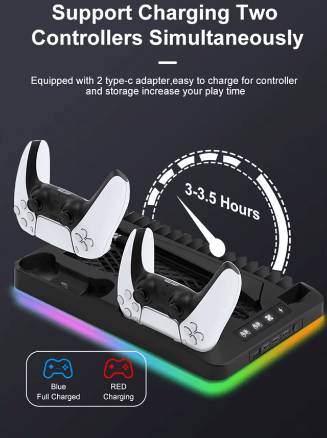 Station de Charge de Refroidissement PS5 avec lumières LED et Ventilateurs, Support de Charge Rapide avec Double contrôleur de Charge pour PS5 UHD