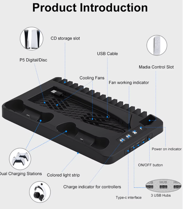 Station de Charge de Refroidissement PS5 avec lumières LED et Ventilateurs, Support de Charge Rapide avec Double contrôleur de Charge pour PS5 UHD