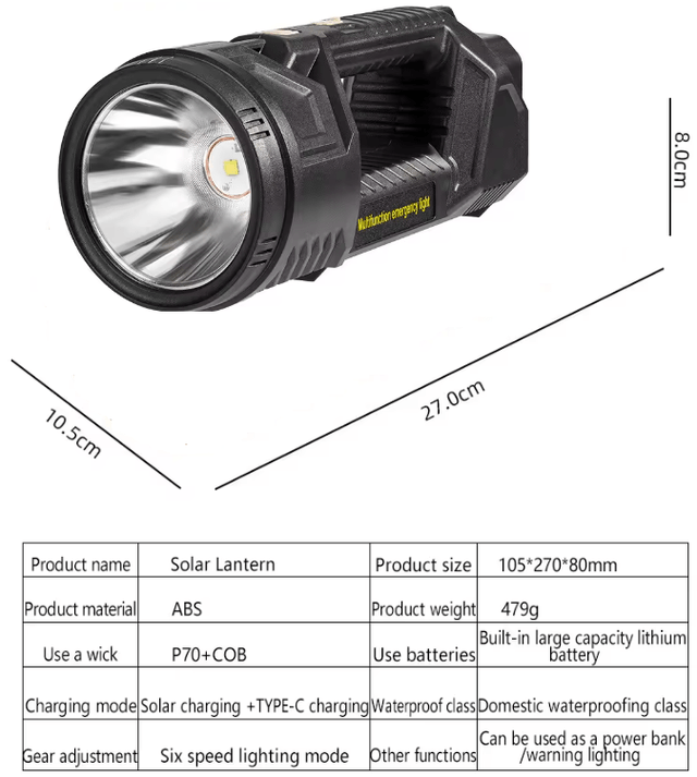 Projecteur ultra puissant grande capacité batterie au Lithium lampe Rechargeable avec  batterie externe, lampe rechargeables solaire